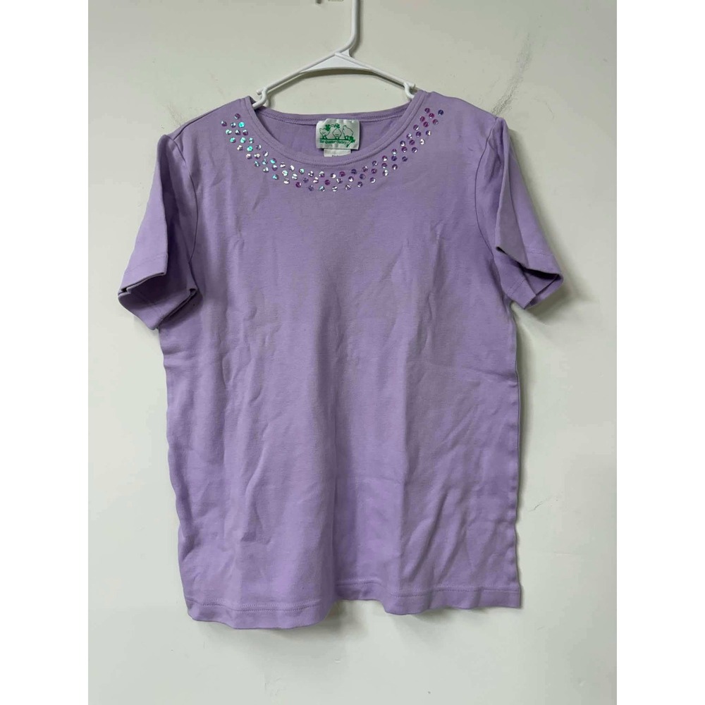 The Quacker Factory Purple Sequin Crew Neck Cotton T-Shirt Small Lavender Tee